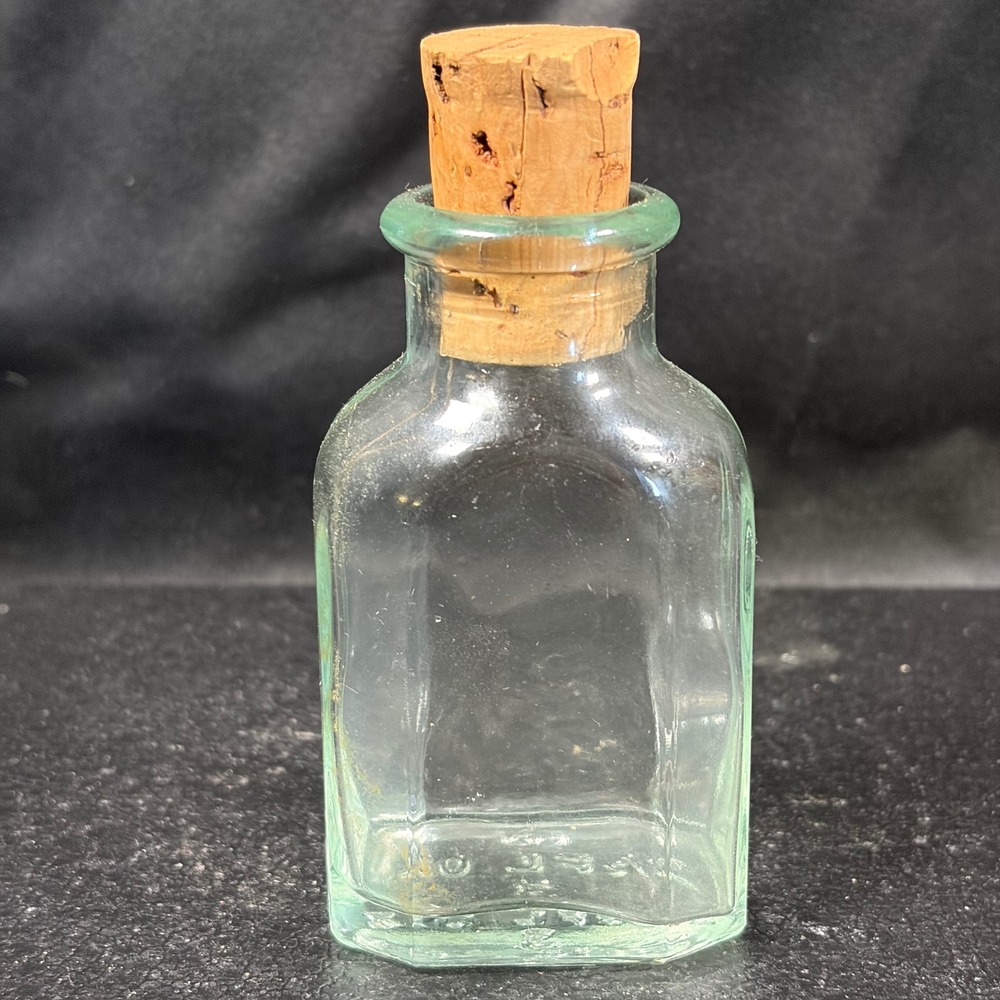 Owens-Illinois Glass Apothecary Bottle Aqua 2.5oz Mid-Century Cork Stopper